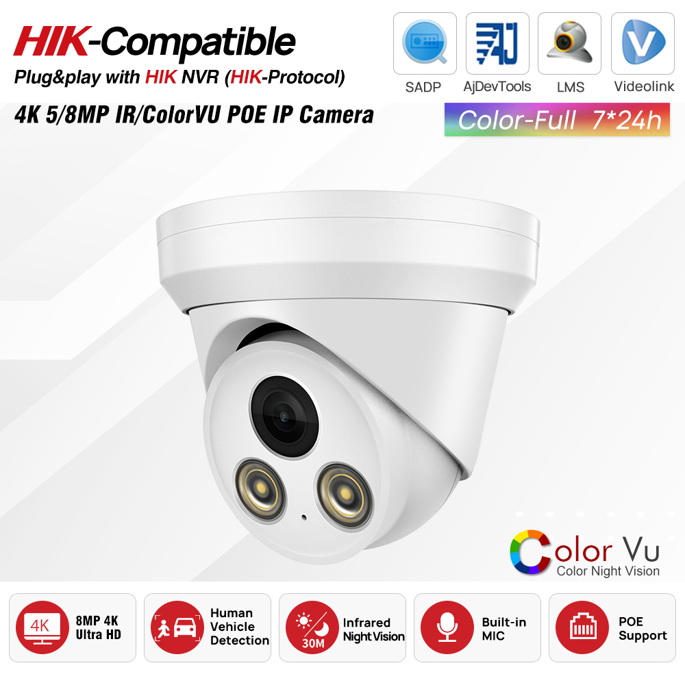 Hikvision Ip Camera 8Mp Dome - Caméra IP PoE IR/ColorVu 5MP/8MP compatible